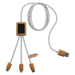 SCX.design C39 3-in-1-Ladekabel aus rPET mit Leuchtlogo und Bambusgehäuse, weiss