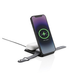 Swiss Peak 15W 3-in-1 magnetischer Wireles Charger aus rPU, schwarz