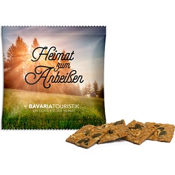Vollkorn Snack im Werbetütchen, 11 g, Käse-Kürbiskern, Folie transparent, inkl. Druck
