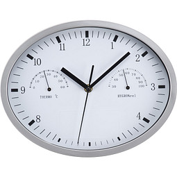 Wanduhr mit Hygro- und Thermometer, oval, weiß